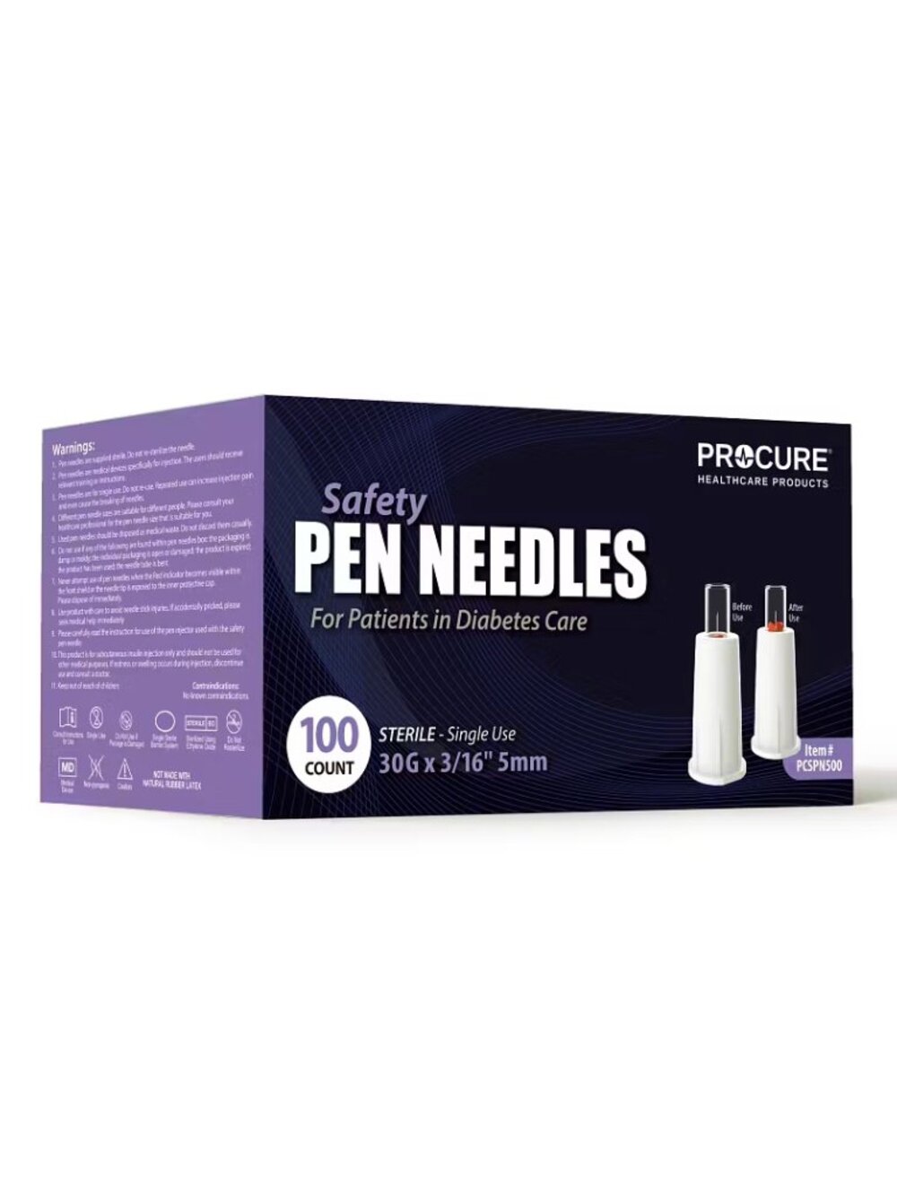 PROCURE Safety Pen Tips, 30G x 3/16’’ 5mm (100 count) Ultra Fine Single Use